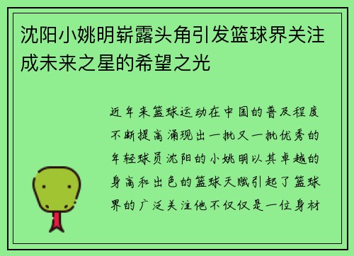 沈阳小姚明崭露头角引发篮球界关注成未来之星的希望之光